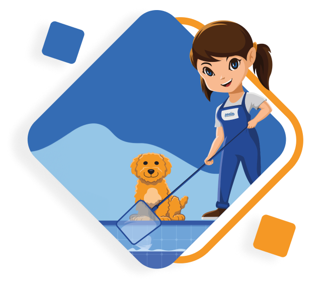 Poolie's Illustration of an Employee cleaning and a dog sitting beside the employee