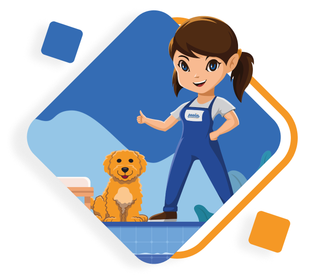 Poolie illustration of a dog sitting and an employee standing with a thumbs up