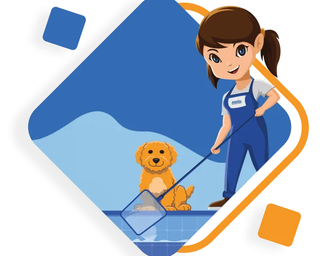 Poolie illustration of an employee skimming the pool with the dog beside her