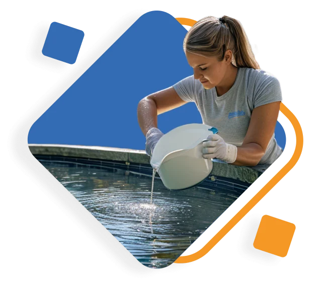 Poolie's employee putting chlorine in the pool water