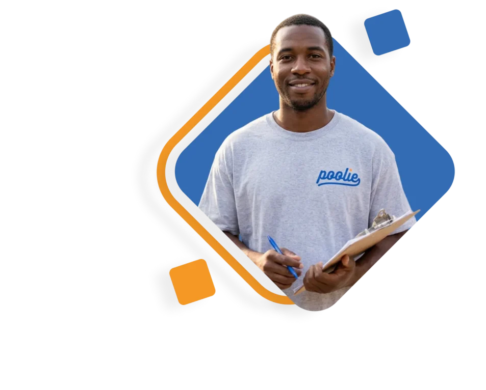 Poolie technician holding a clipboard during a pool assessment