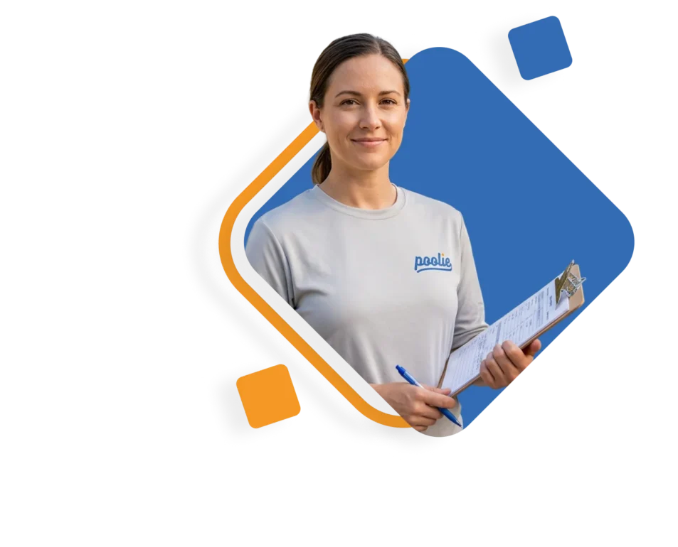 Poolie technician with a clipboard assessing a pool for resurfacing