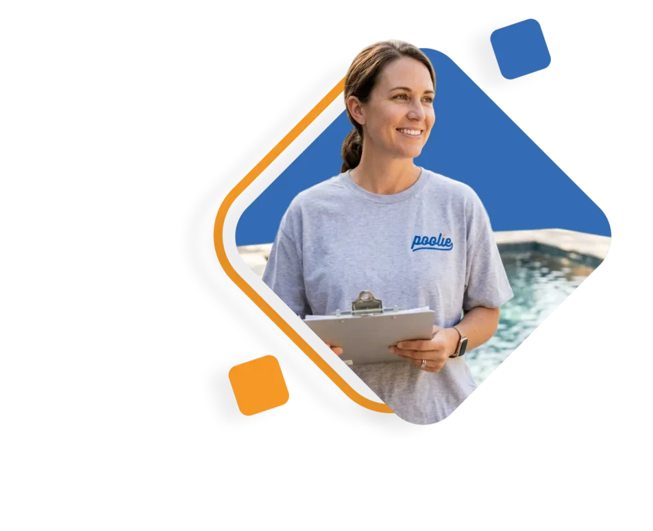 Friendly Poolie pool technician holding a clipboard in a Texas backyard