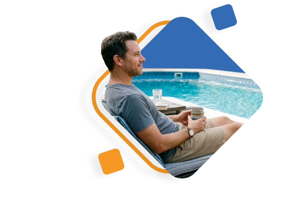 Pool owner relaxing with coffee beside his vinyl liner pool in Texas